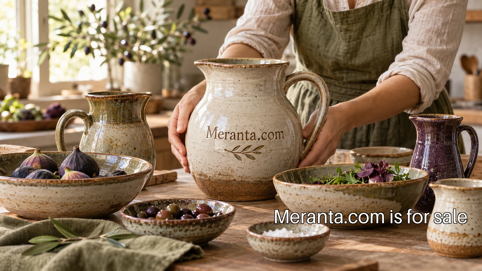 A person handling a ceramic pitcher beside bowls in a warm kitchen